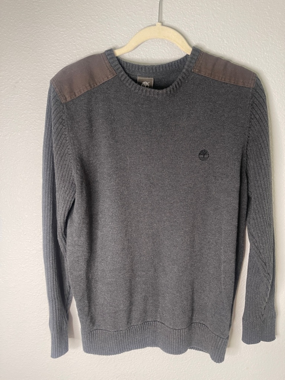 Timberland Gray Crewneck Sweater with Brown Shoulder Patches